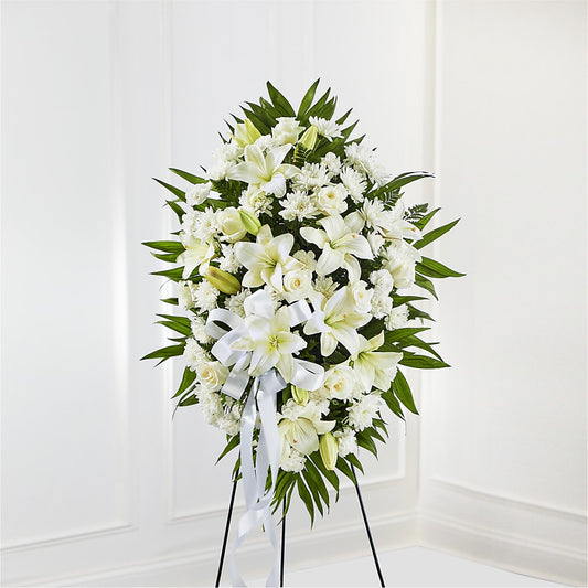 Exquisite Tribute Standing Spray-White Ribbon –  Panda Flowers Canada Inc, Calgary AB